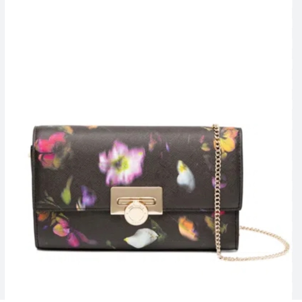 Ted Baker Floral Black Red Chain Clutch Parisa Leather Crossbody - Picture 3 of 13